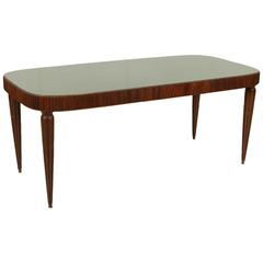 Decorated and Stained Beech Table with Back-Painted Glass Top, Italy, 1950s