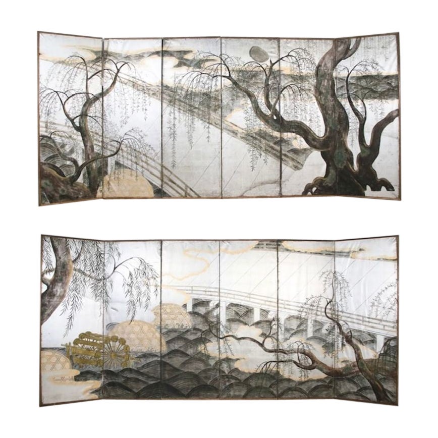 Pair of Japanese Silver Leaf Meiji Period Painted Screens
