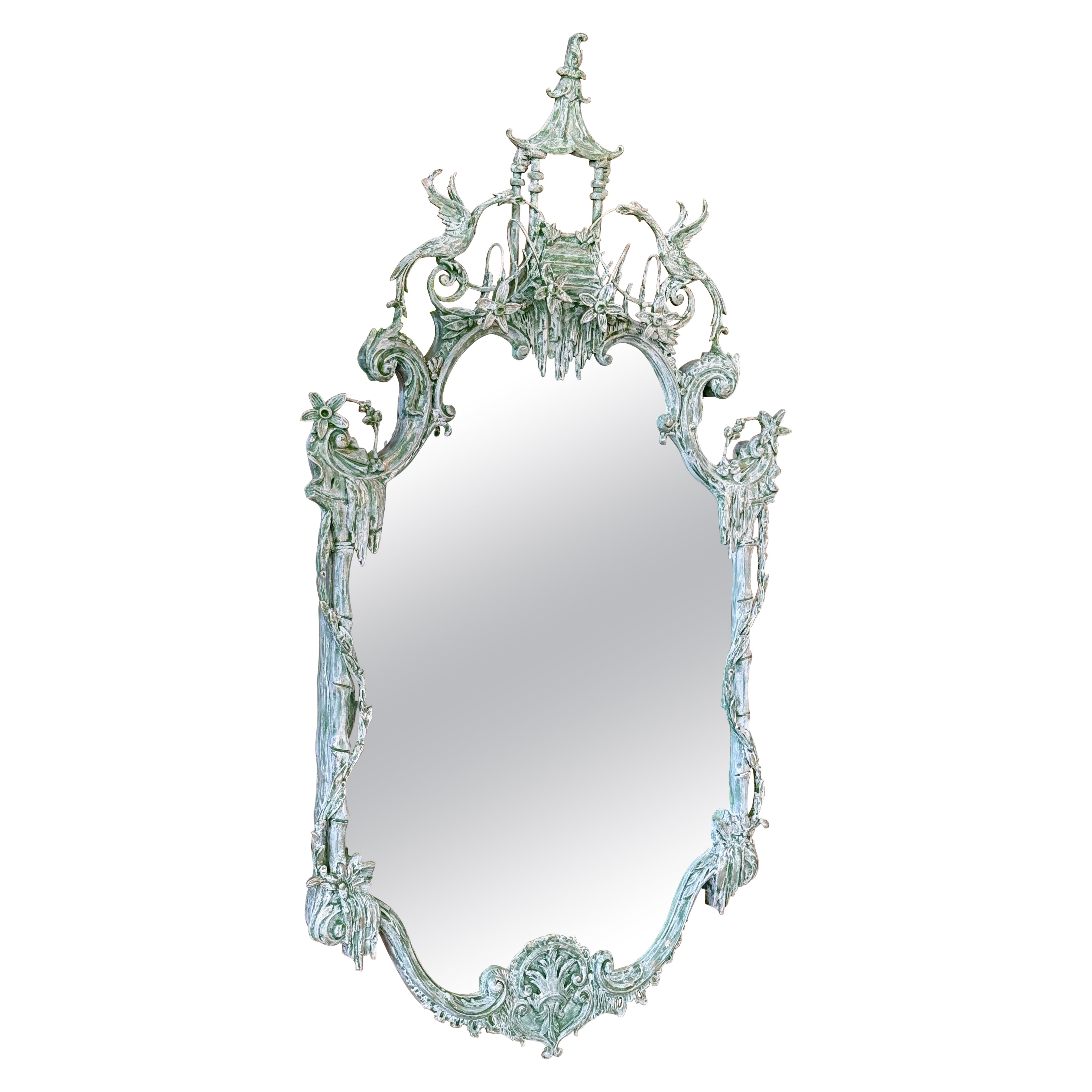 Chinoiserie Regency-Skulptur-Wandspiegel mit Pagoden-Ho Ho Ho-Vogel aus dem späten 20. Jahrhundert im Angebot