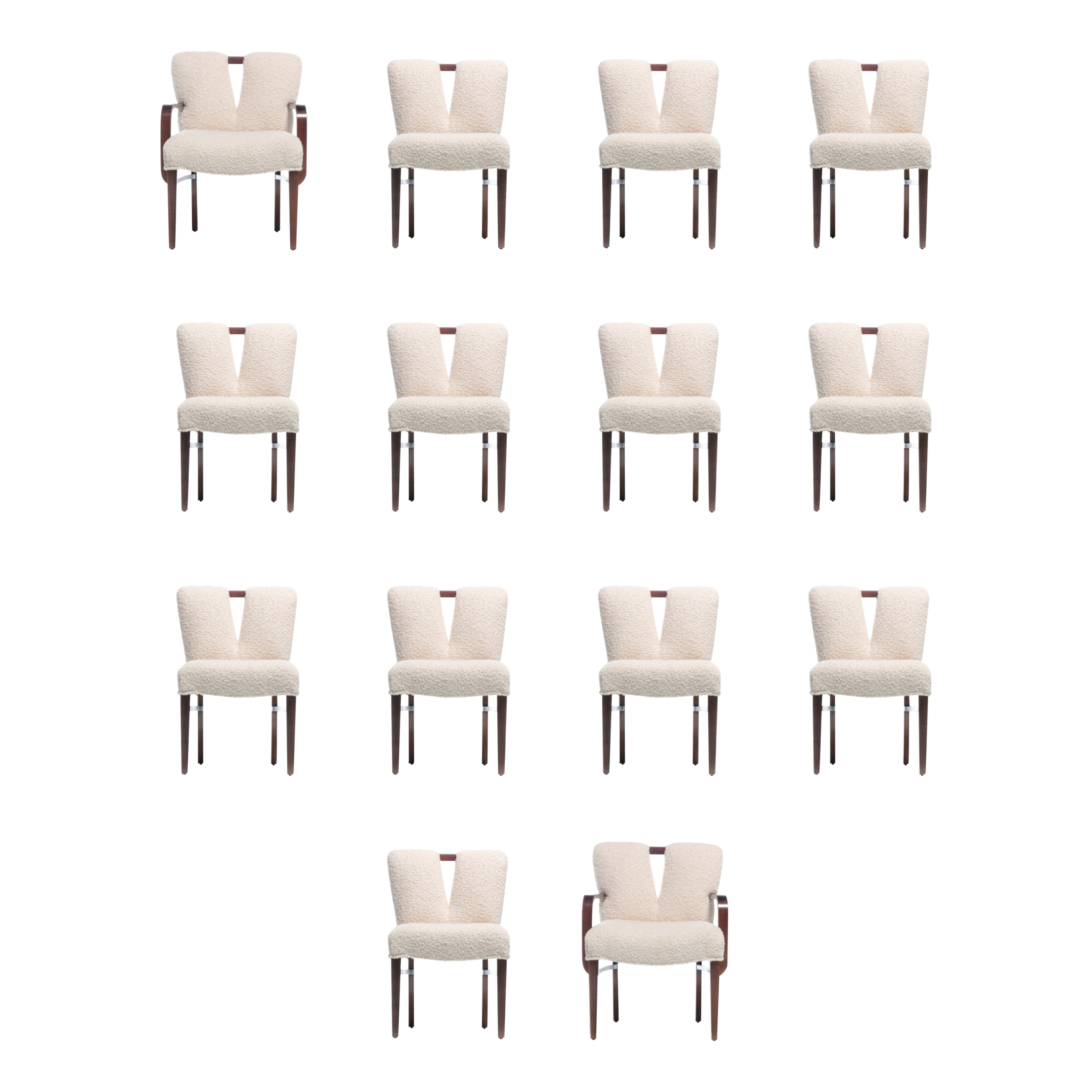 Set of 14 Paul Frankl Corset Back Dining Chairs in Ivory White Bouclé, c. 1950s