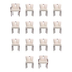 Set of 14 Paul Frankl Corset Back Dining Chairs in Ivory White Bouclé, c. 1950s