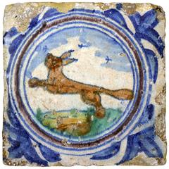 Antique Period Delftware Medallion Paving Tile with Figure of Running Fox