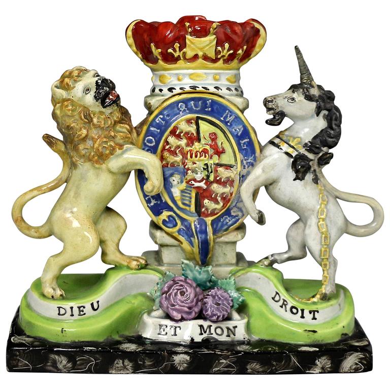 Royal Arms, Lion and Unicorn Staffordshire Pearlware Pottery, circa