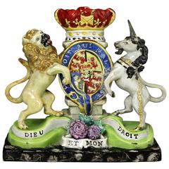 Antique Royal Arms, Lion and Unicorn Staffordshire Pearlware Pottery, circa 1820