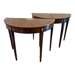 Fine Pair of Antique Edwardian Burr Yew Wood Inlaid Demi Lune Console Tables