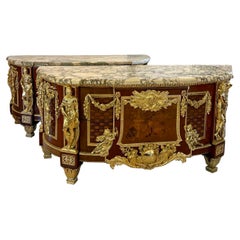 Antique Rare Fine Pair of French Marquetry and Gilt Bronze Mounted Commodes