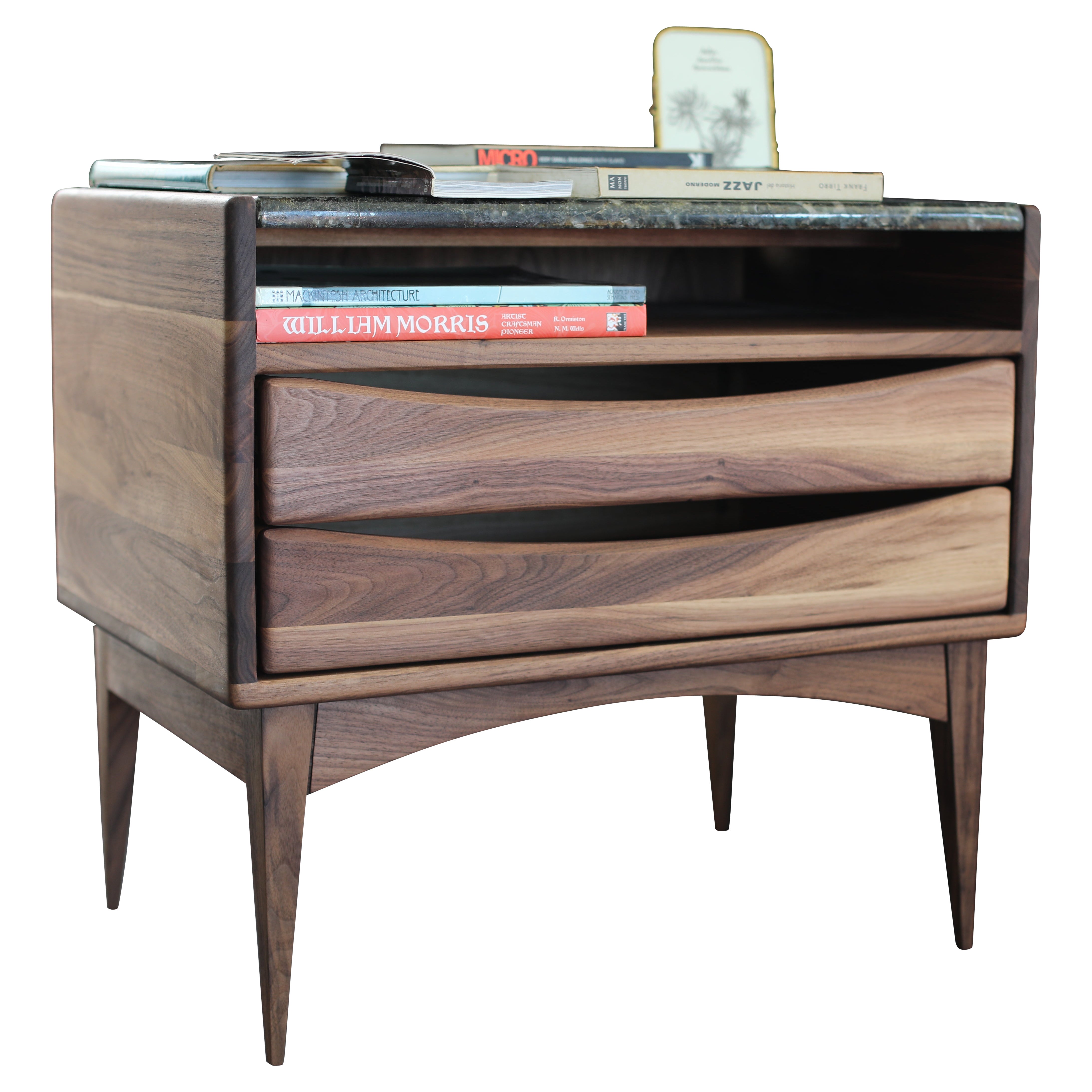 Modern Walnut Nightstand with Integrated Channel Handles and Two Drawers