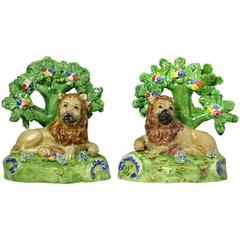 Pair Antique Staffordshire Pottery Figures of Lions with Bocage Marked Walton