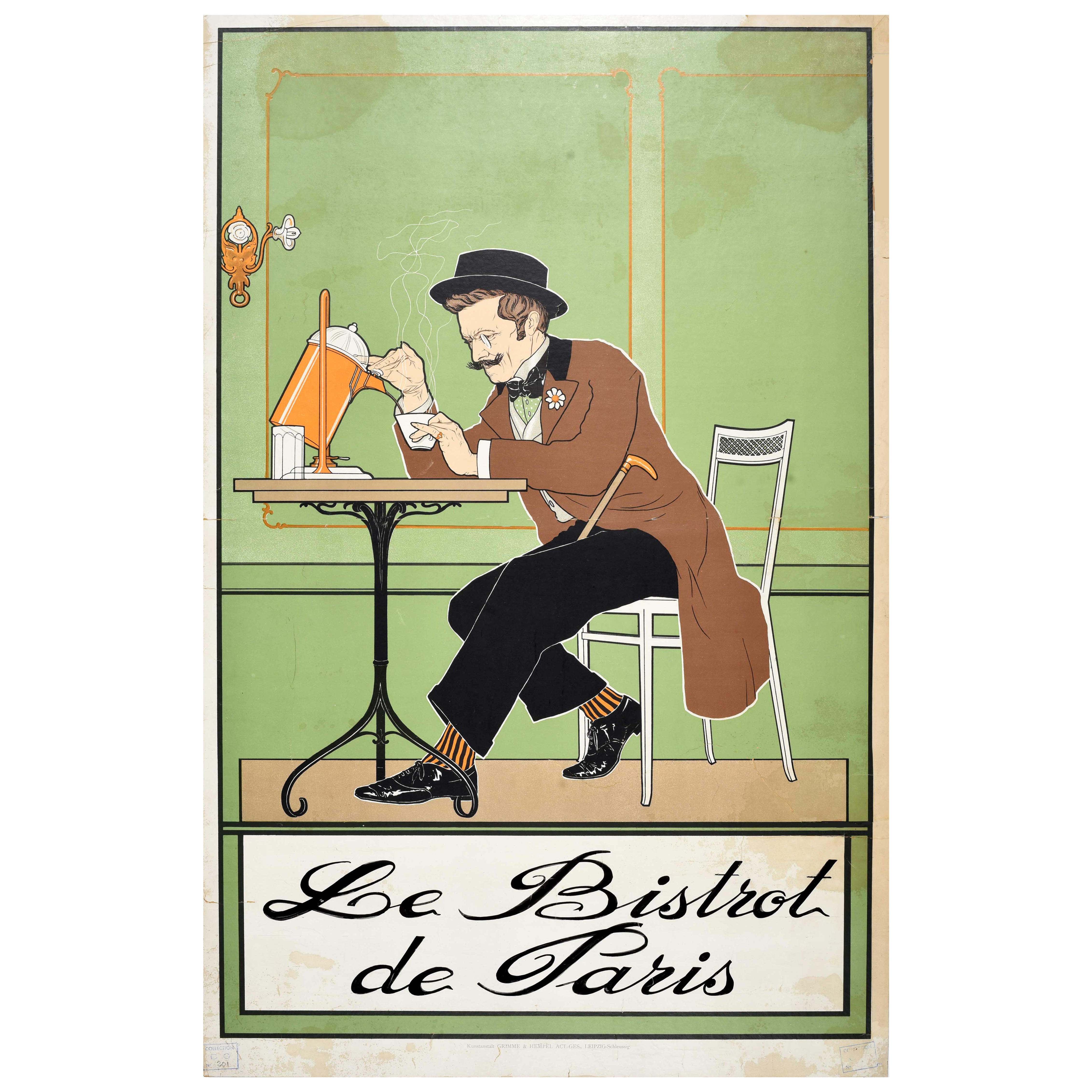 Poster originale antico Le Bistro De Paris Caffè Jugendstil Art Nouveau