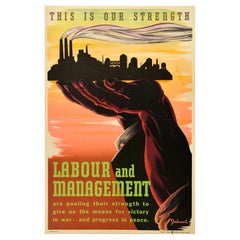 Affiche de guerre vintage d'origine Labour Management Strength Canada Victory War WWII
