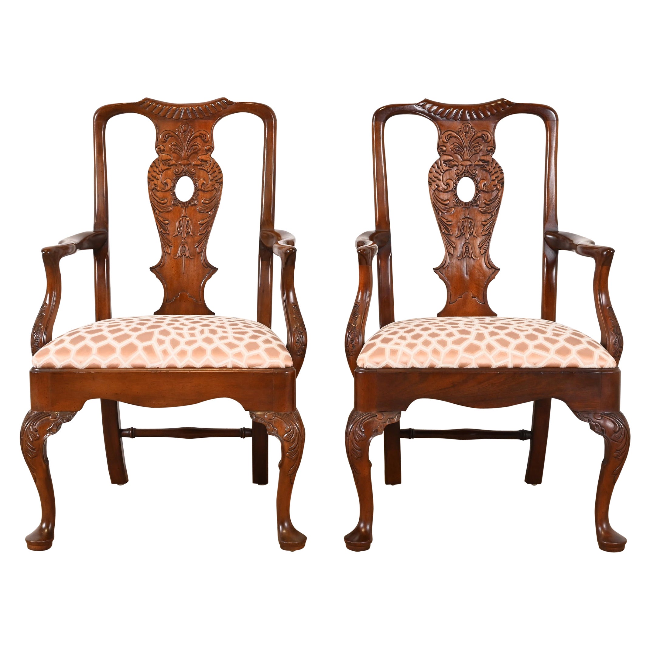 Henredon Chippendale Carved Mahogany Arm Chairs or Dining Captain Chairs, Pair