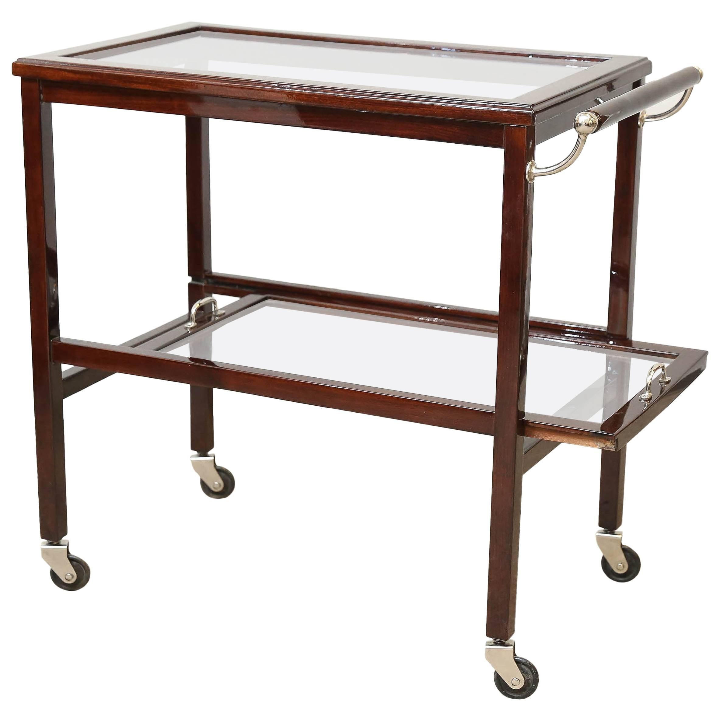 Art Deco Walnut and Glass Bar Cart with One Handle