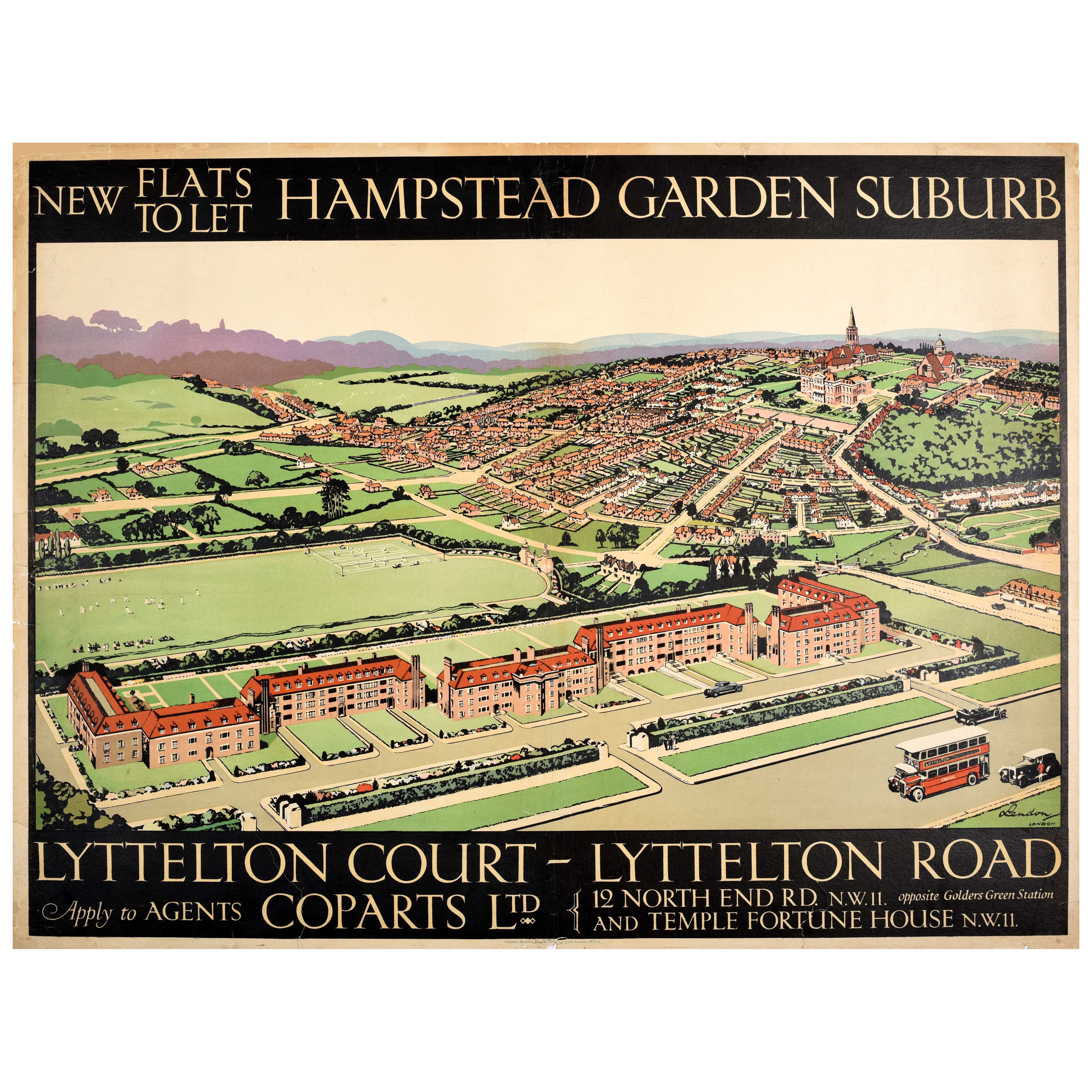 Affiche publicitaire d'origine Hampstead Gardens Lyttleton Court, Londres en vente