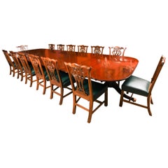 Antigua mesa de comedor de tres columnas estilo Jorge III de 15 pies C1920 y 14 sillas