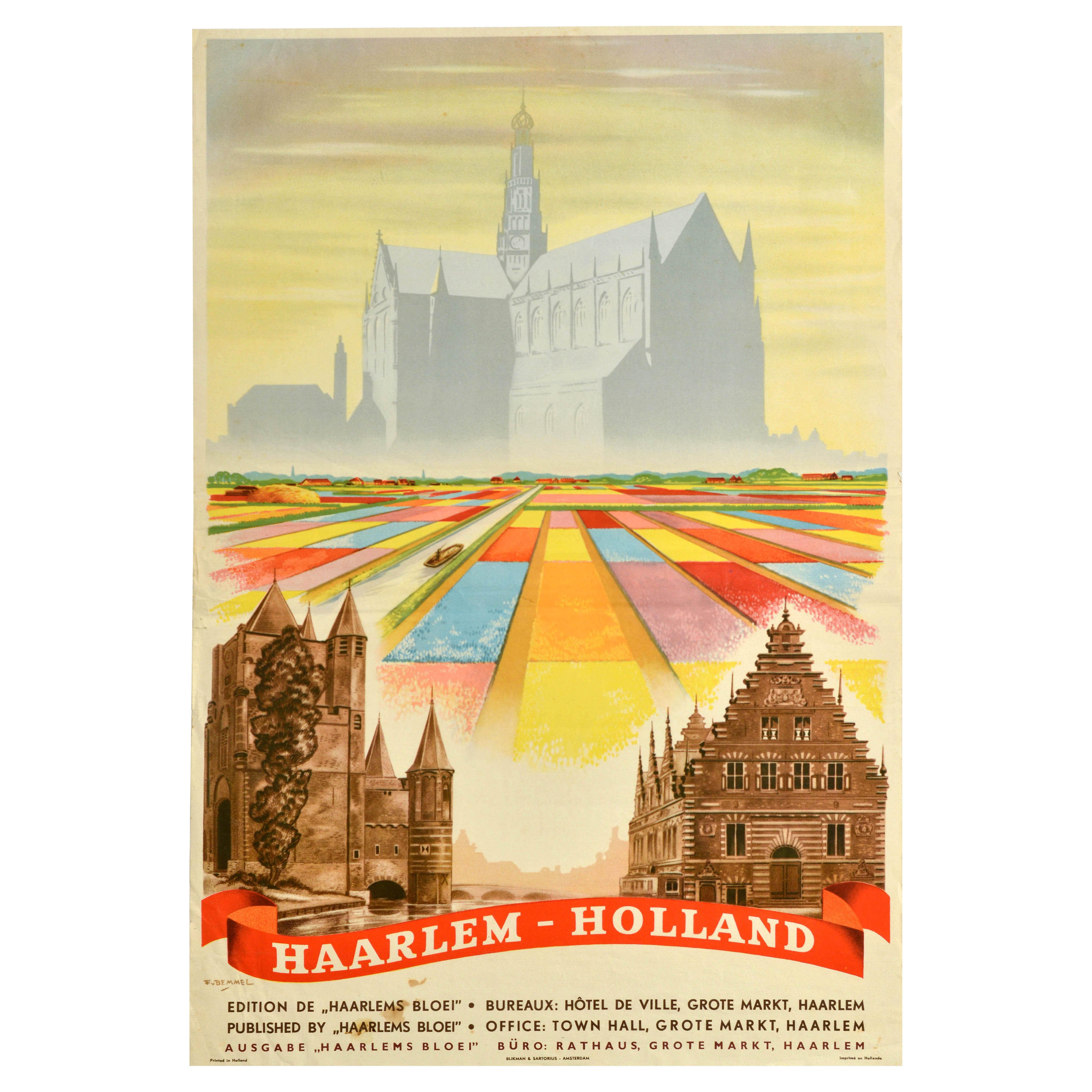 Original Vintage Travel Poster Haarlem Holland Frits Van Bemmel Netherlands