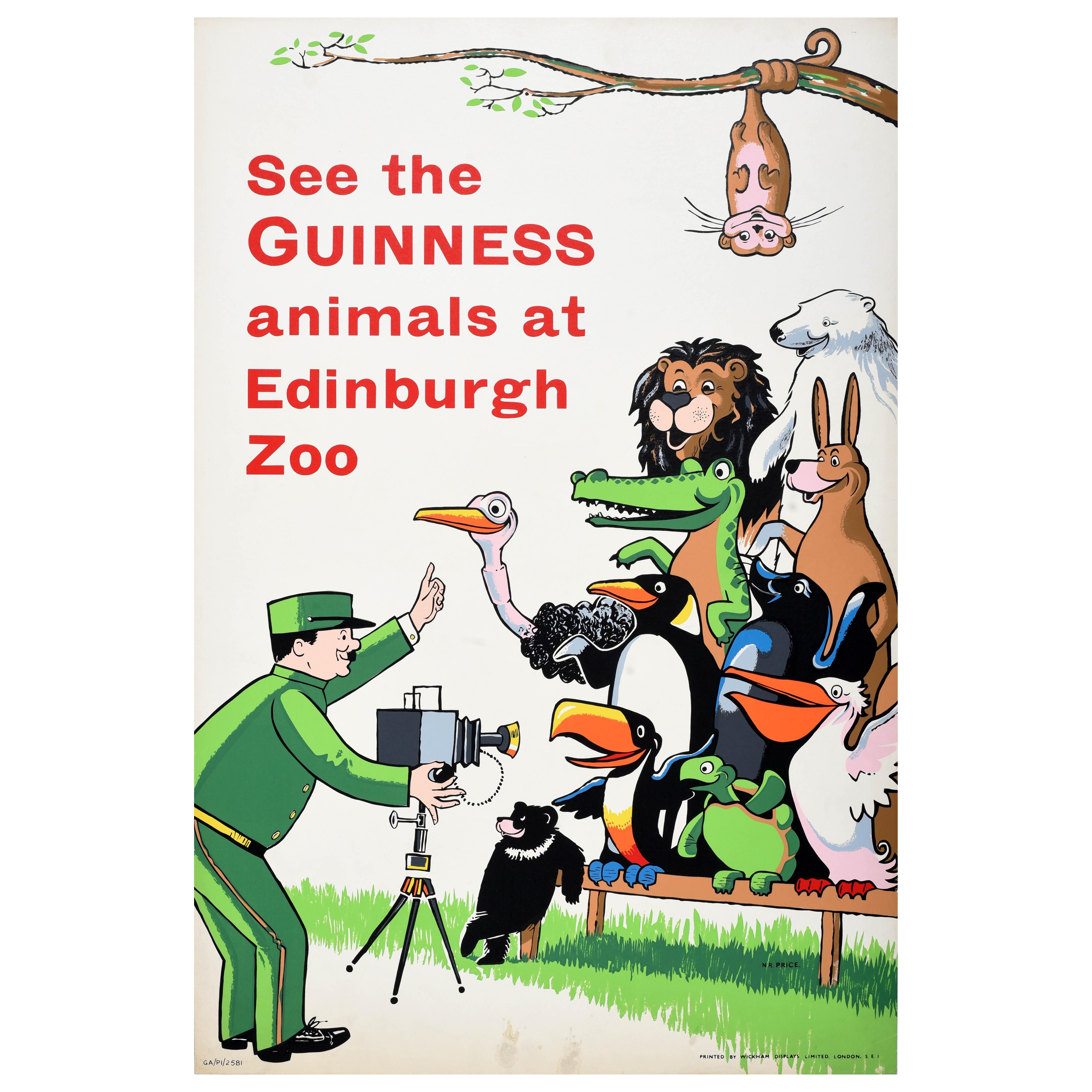 Poster pubblicitario d'epoca per bevande Guinness Edinburgh Zoo Animals Price