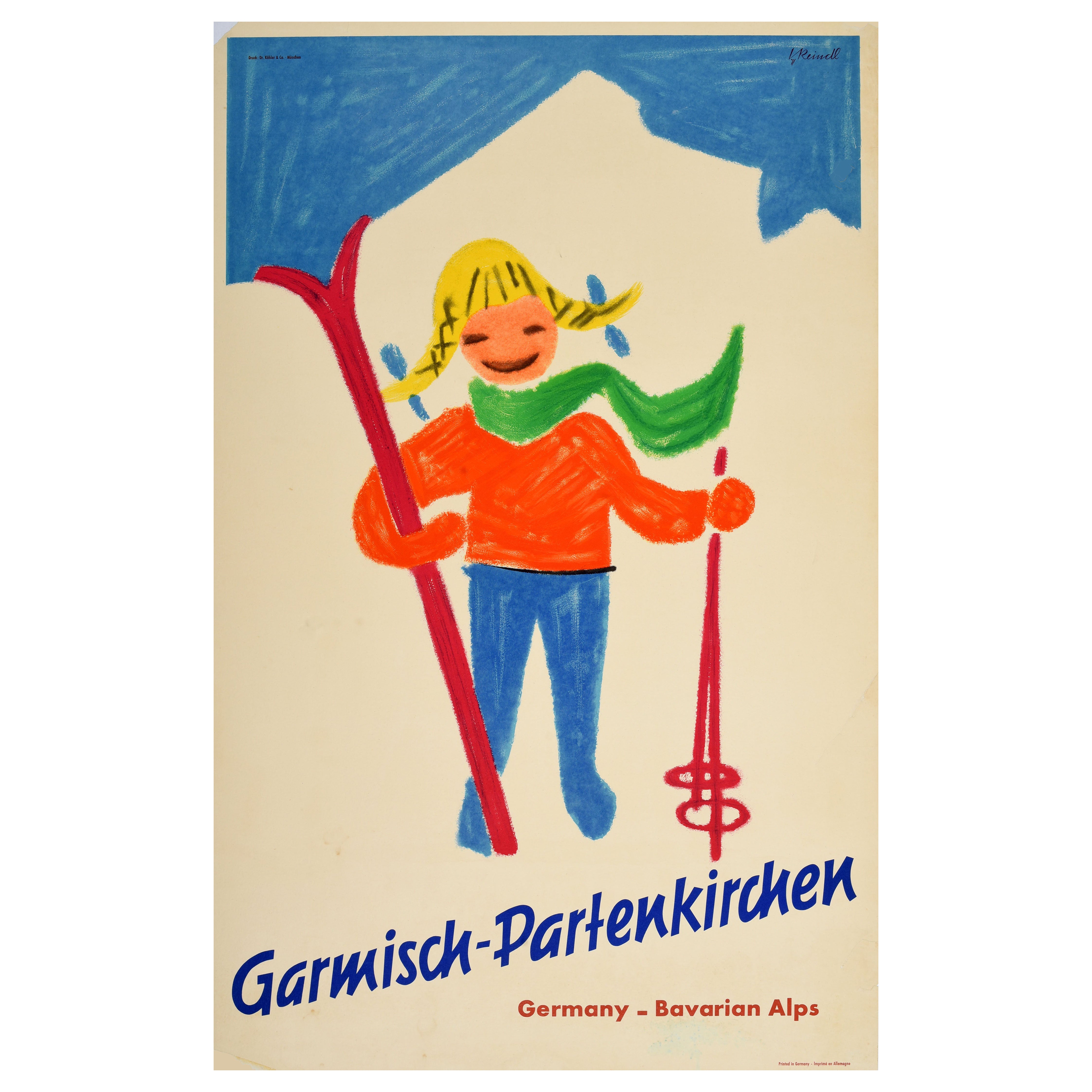 Original-Vintage-Wintersport-Poster, Garmisch Partenkirchen, Deutschland, Alpen, Skifahren