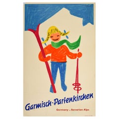Original-Vintage-Wintersport-Poster, Garmisch Partenkirchen, Deutschland, Alpen, Skifahren