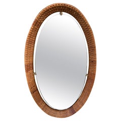Mid-Century Modern Italian Rattan Wall Mirror with Brass Details. 1960s