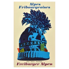 Affiche vintage originale de voyage suisse, Alpes suisses, Fribourg, Suisse, Chapeau
