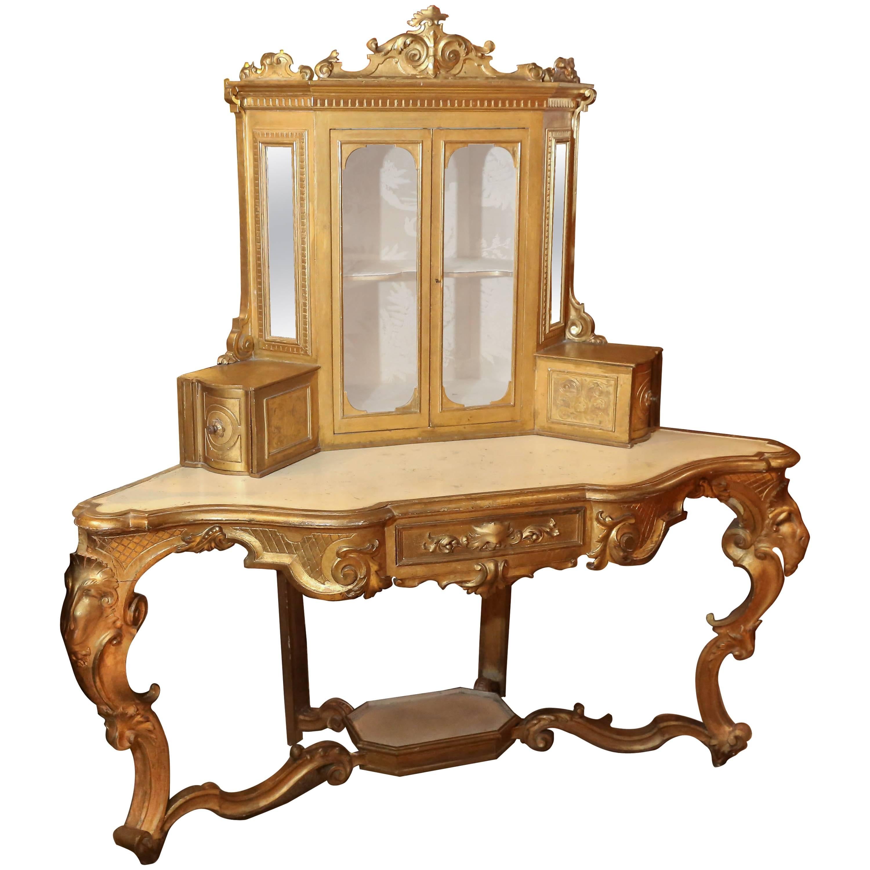 Giltwood Corner Console with  upper glass enclosed cabinet 19th Century, Italian