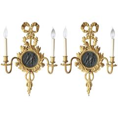 Pair of French 19th Century Gilt Bronze Two-Light Sconces with Patinated Bronze
