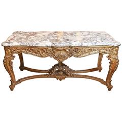 Louis XV-Style Giltwood and Marble-Top Center Table with Foliate Garlands 19th C