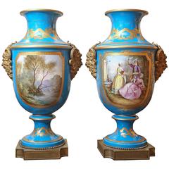 Pair of French Sevres  Porcelain Vases ;19th Century in Celeste Blue grand scale