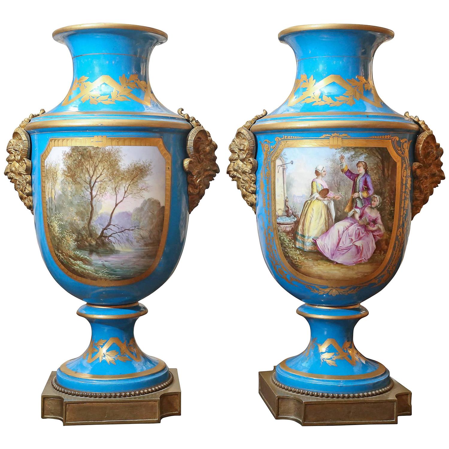 Pair of French Sevres Porcelain Vases ;19th Century in Celeste Blue