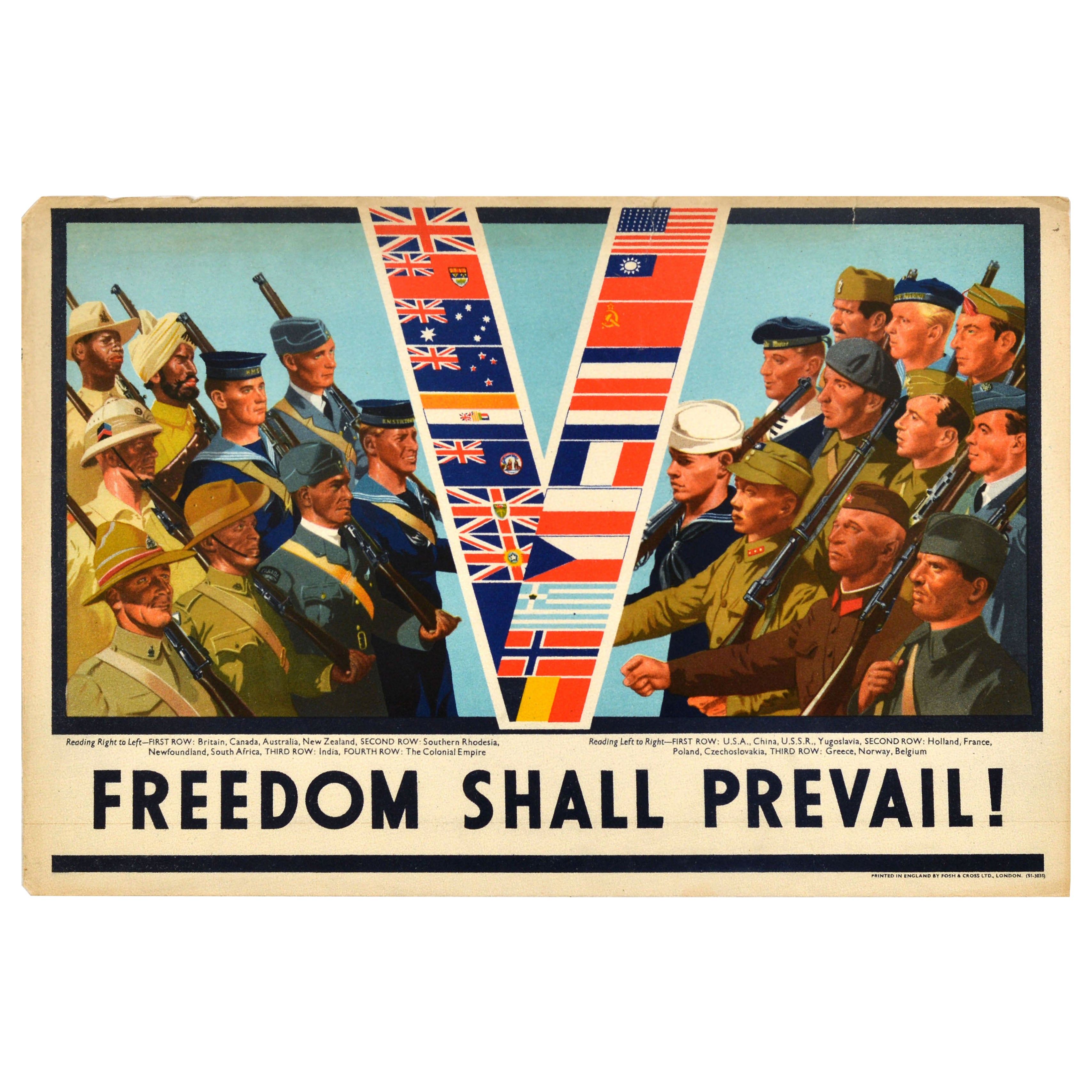 Original Vintage War Poster Freedom Shall Prevail WWII Victory Soldiers W Little