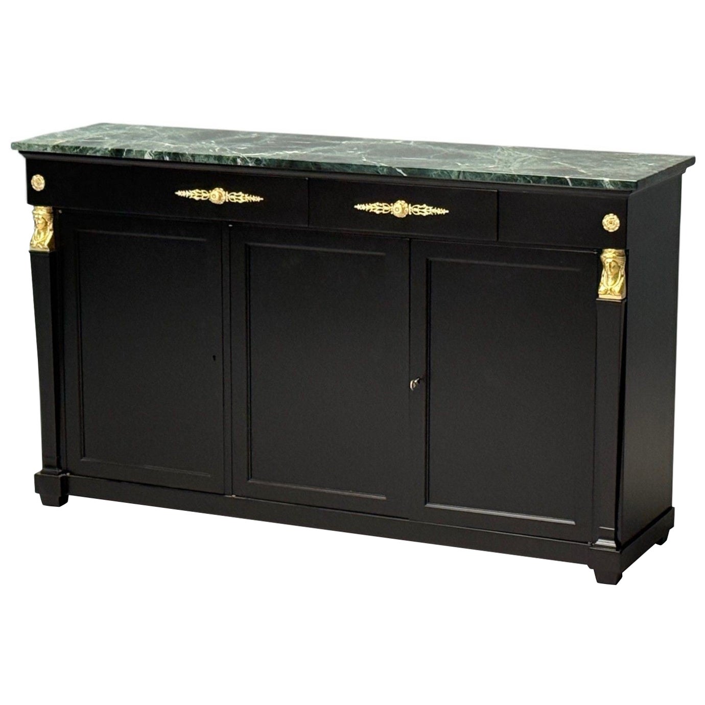Hollywood Regency, stile impero, legno nero satinato, bronzo, credenza, anni '40