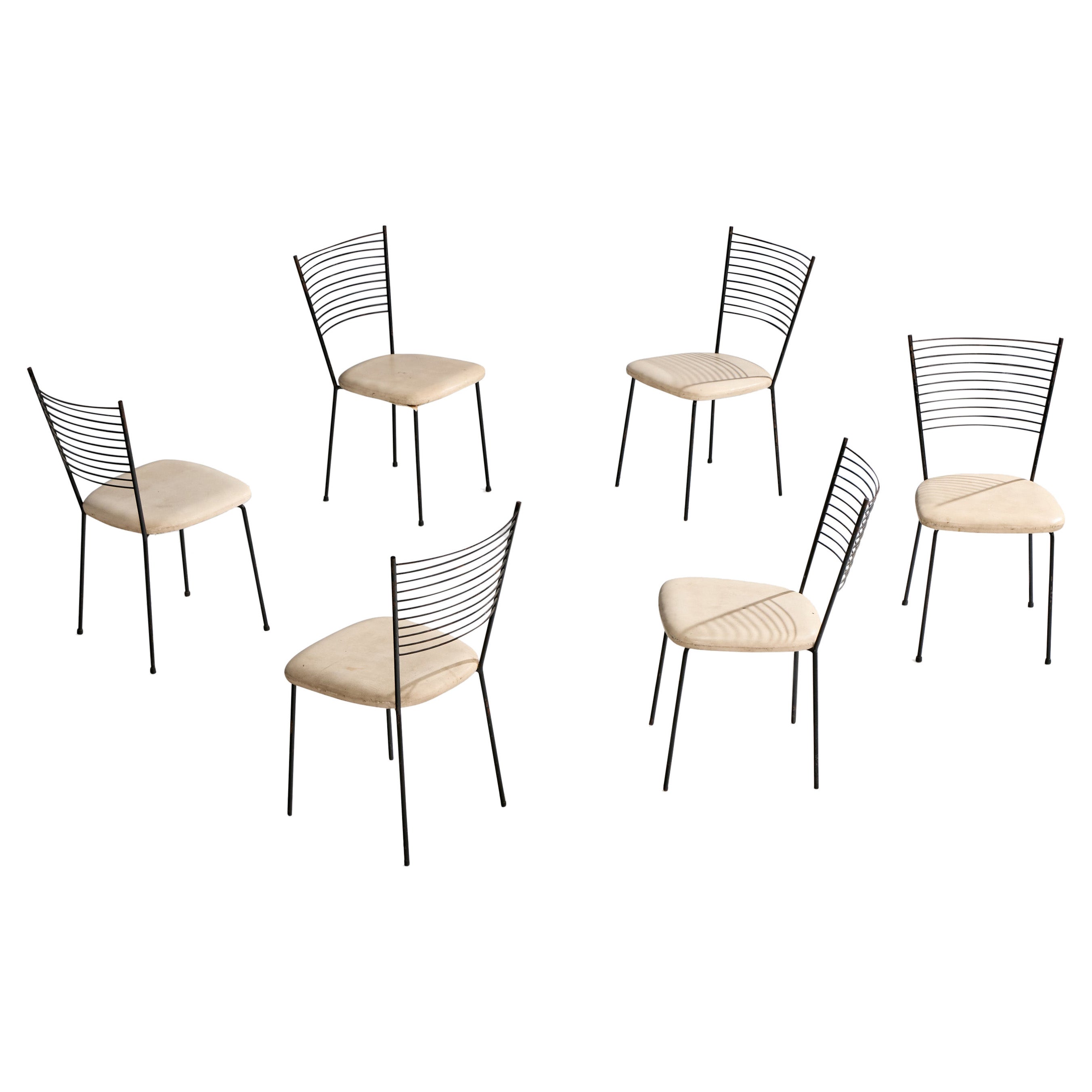 Joaquim Tenreiro Attribution, Dining Chairs, Metal, Leather, Brazil, 1950s