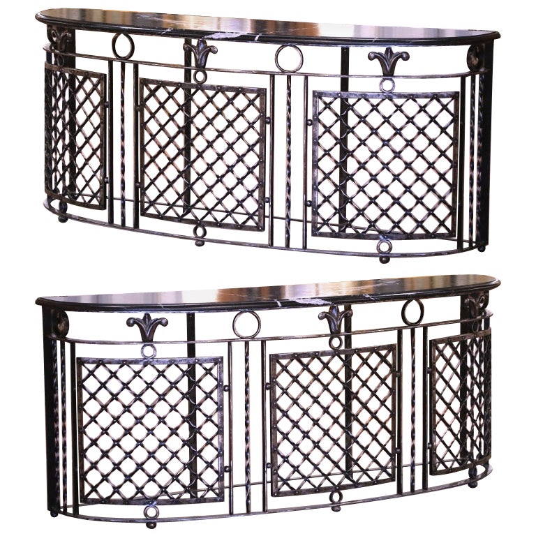 Pair of 19th Century French Marble Top Polished Iron Bow Front Console Tables For Sale
