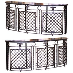 Pair of 19th Century French Marble Top Polished Iron Bow Front Console Tables