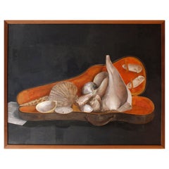 Muschelschalen in Violin-Etui, Original Öl auf Tafel mit Blattsilber, gerahmt