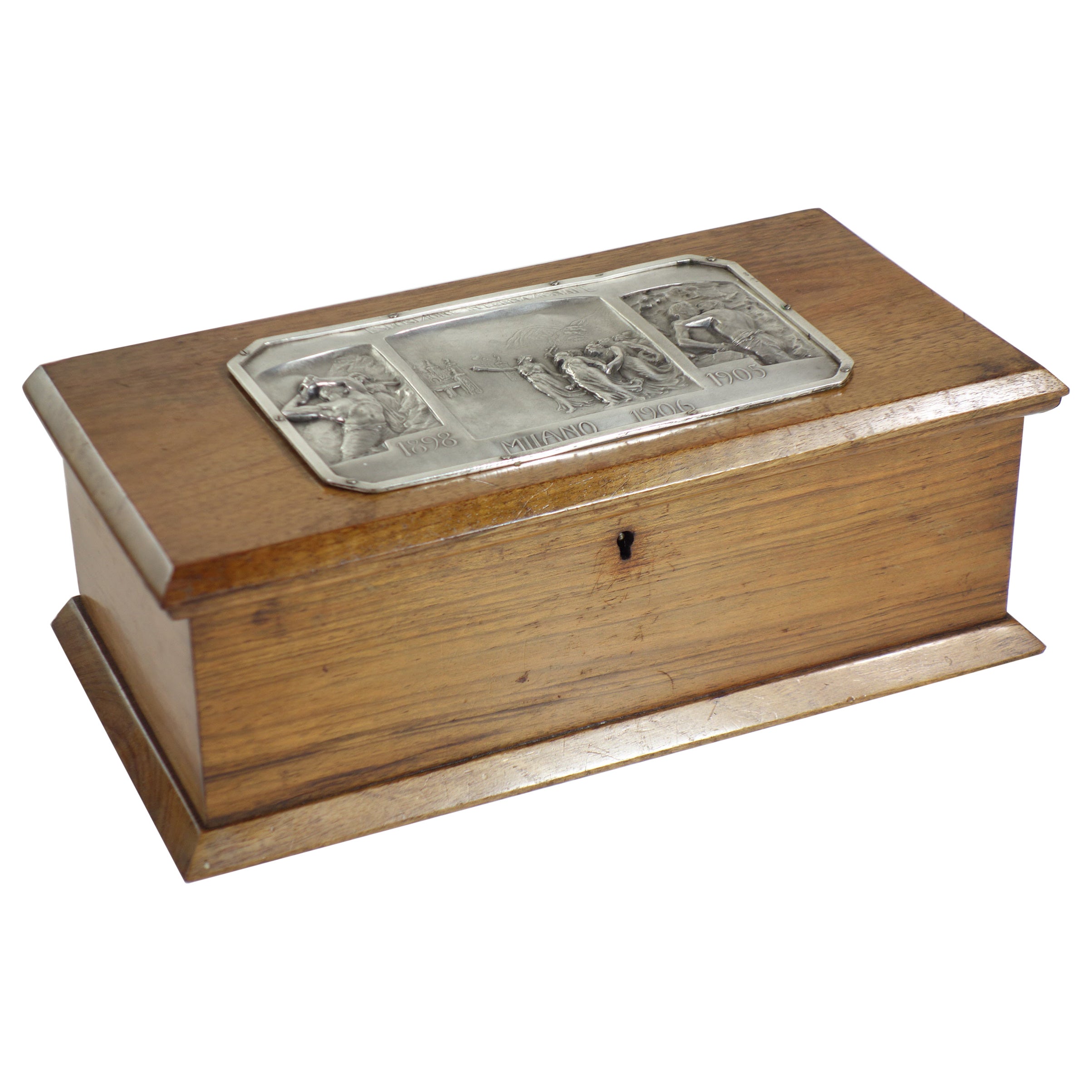 1906 Luigi Genazzi Art Nouveau Túnel Semplon Placa de plata italiana Caja de madera