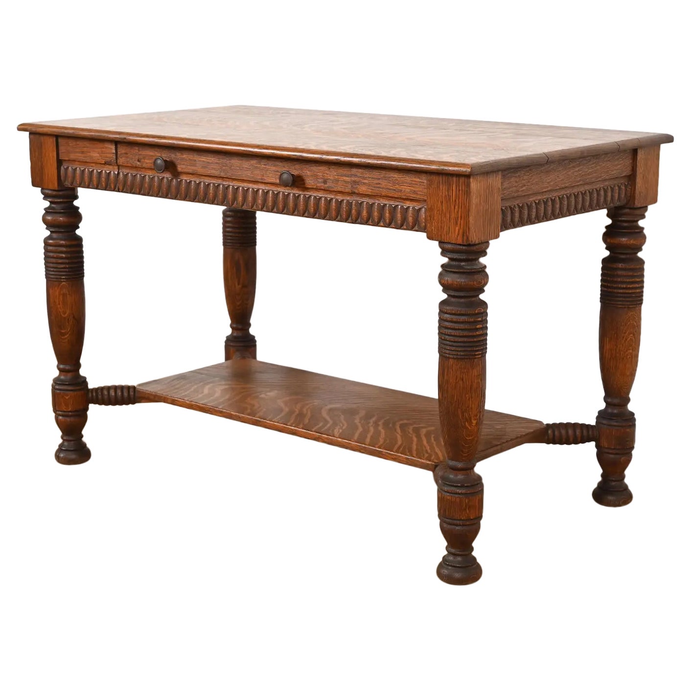R. J. Horner Escritorio o mesa de biblioteca de roble tigre estilo victoriano antiguo