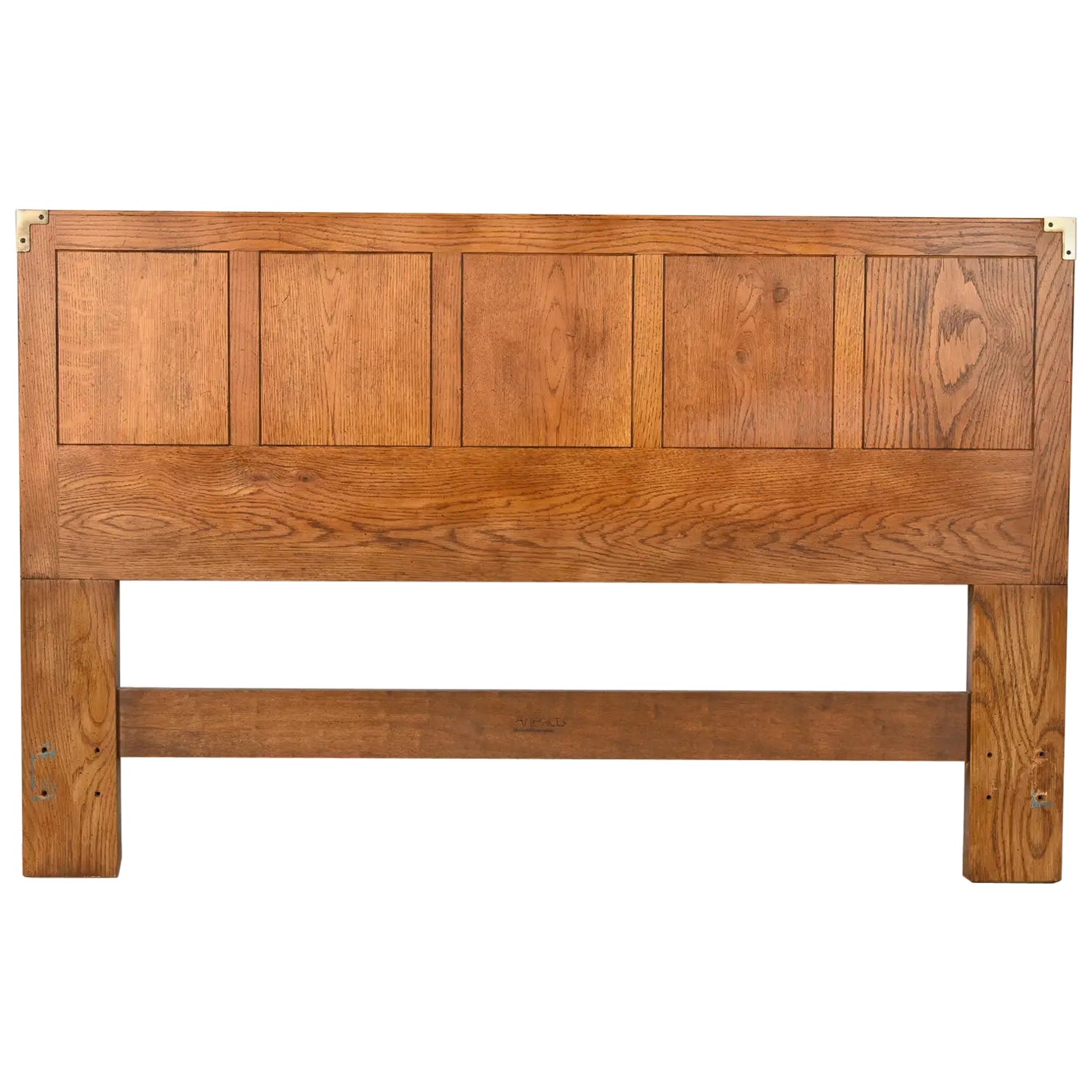 Henredon Mid-Century Modern Campaign Oak Queen Size Headboard, Circa 1970s
