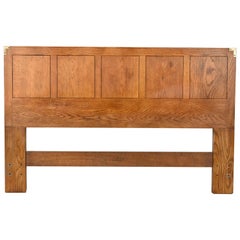 Henredon Mid-Century Modern Campaign Oak Queen Size Headboard, Circa 1970s