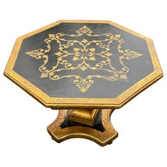 Italian Florentine Black Gilt Octagon Coffee Table, Mid-Century Modern