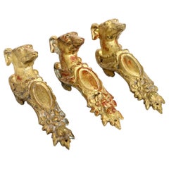 Juego de 3 tiradores de puerta o tiradores de cajón con cabeza de perro de bronce dorado del siglo XIX