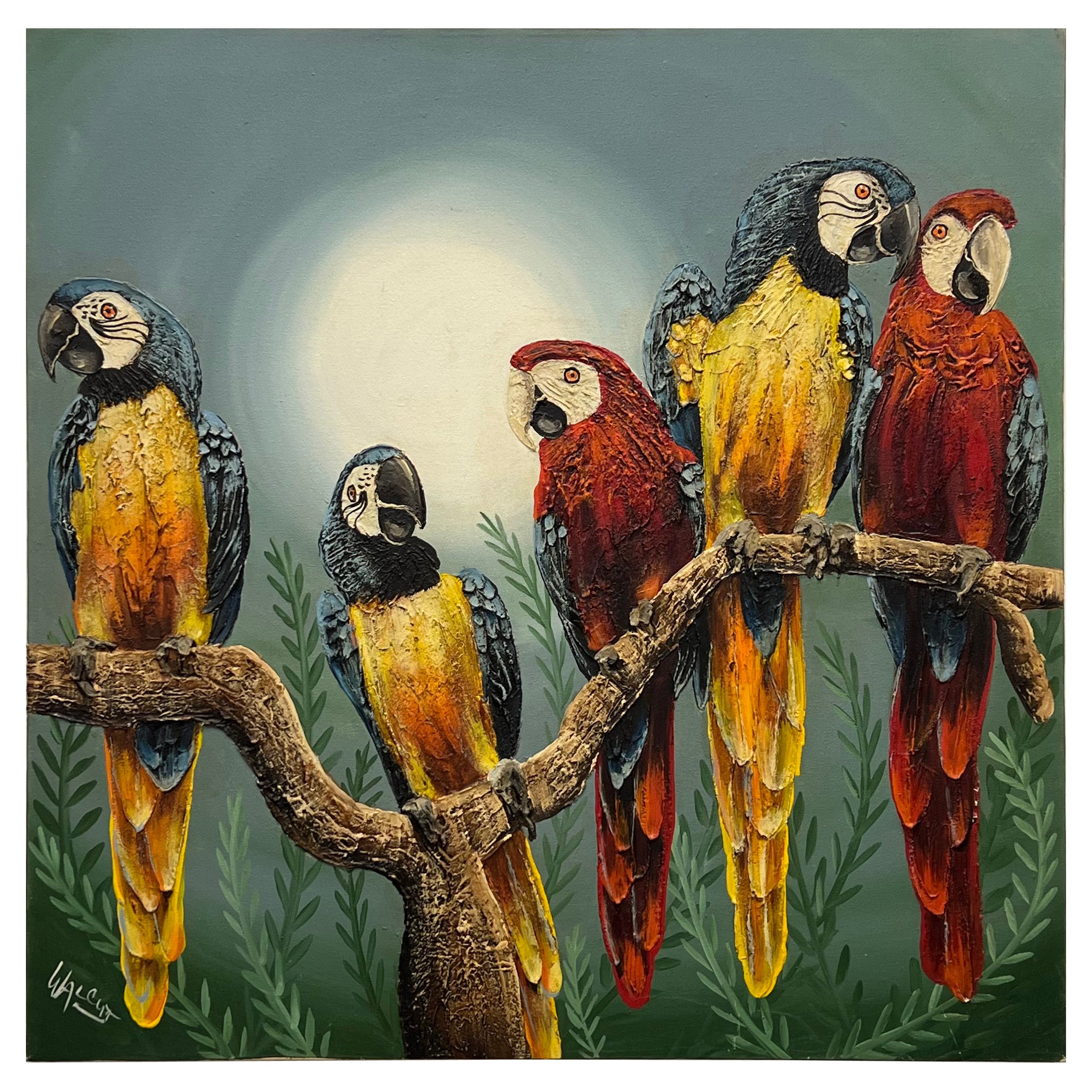 Pittura a olio su tela d'epoca costiera Frank Walcutt Tropical Parrots