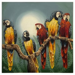 Pittura a olio su tela d'epoca costiera Frank Walcutt Tropical Parrots