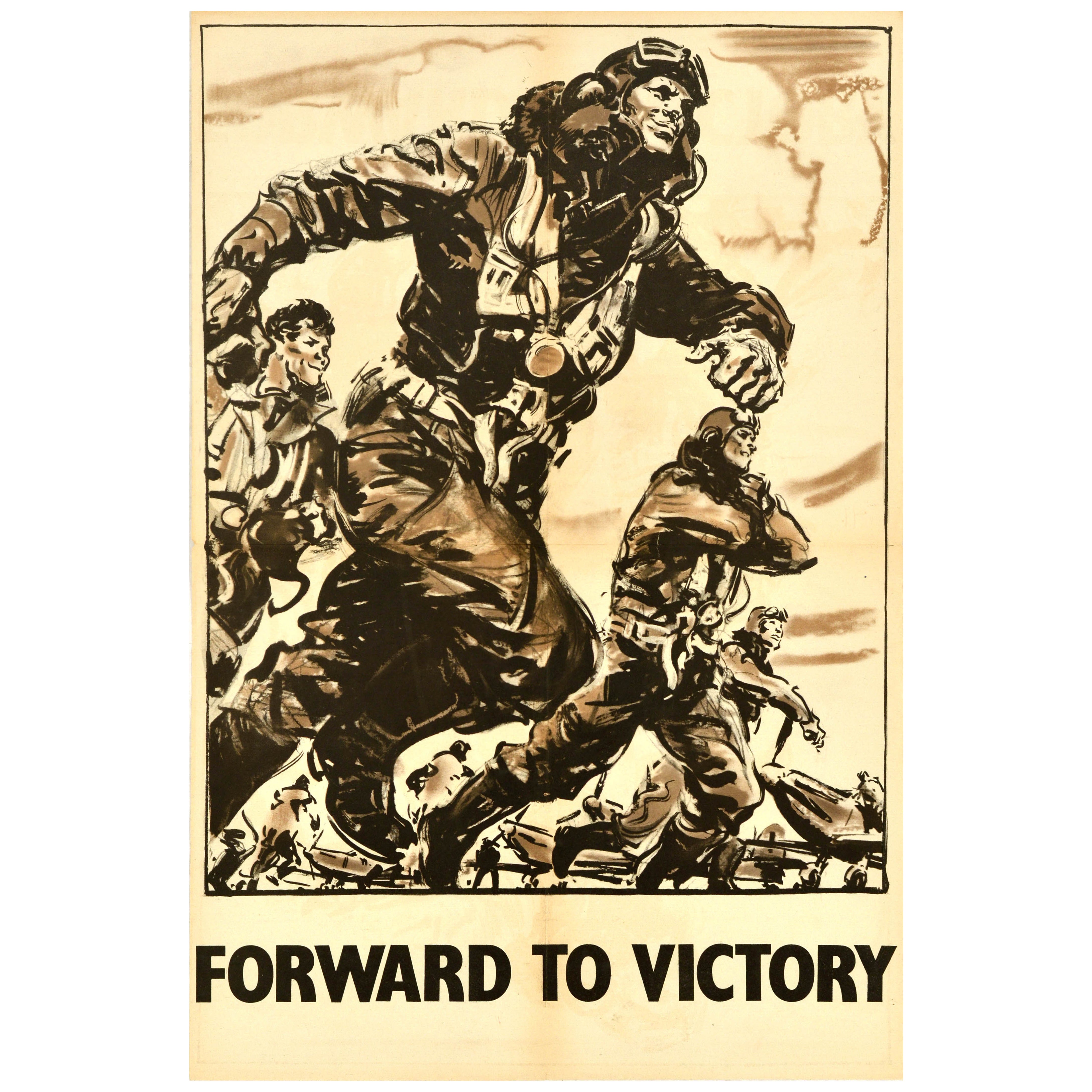 Poster di guerra d'epoca originale Forward To Victory Spitfire Pilots Blitz WWII RAF