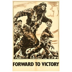 Poster di guerra d'epoca originale Forward To Victory Spitfire Pilots Blitz WWII RAF