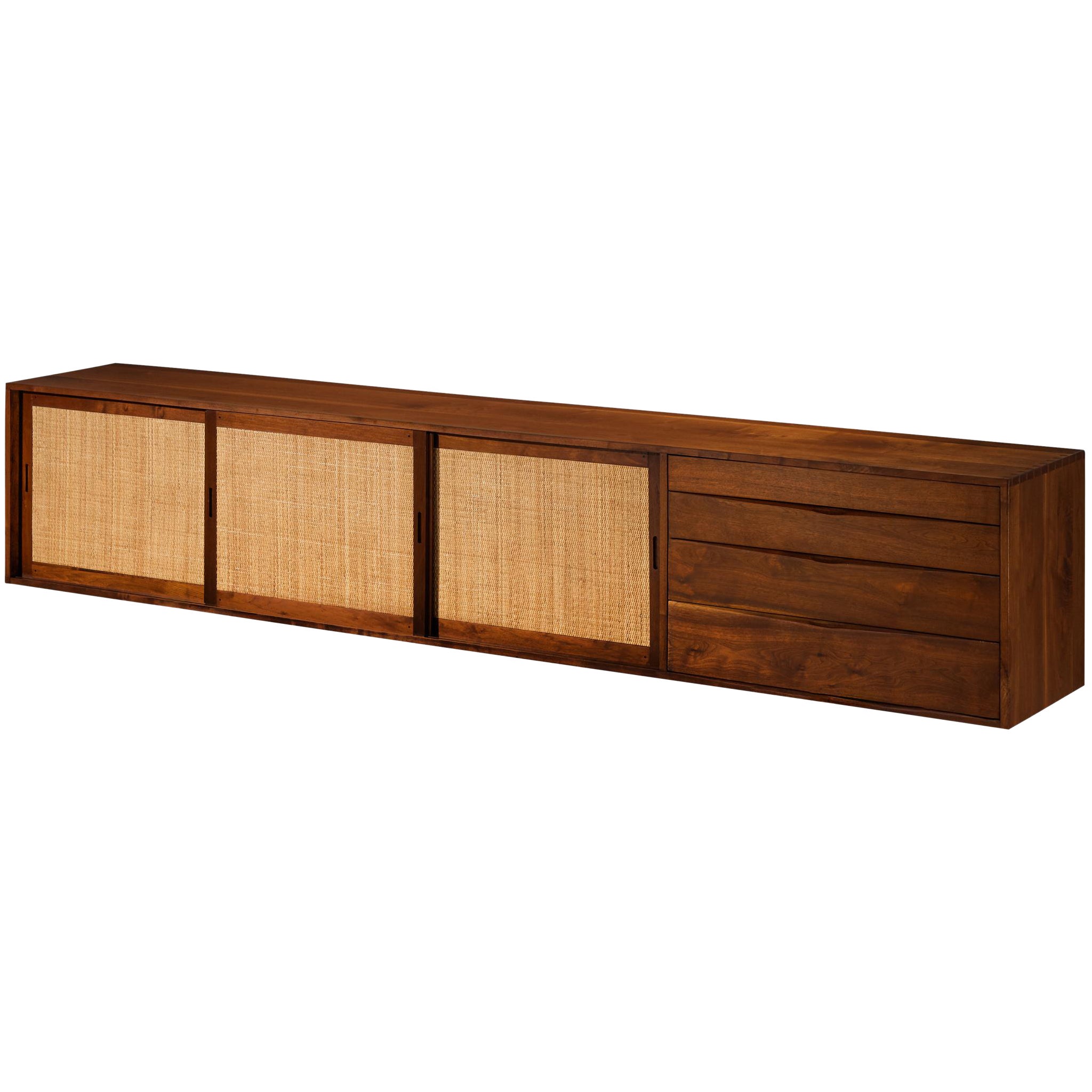 Aparador largo Phillip Lloyd Powell de madera de nogal y pasto marino en venta