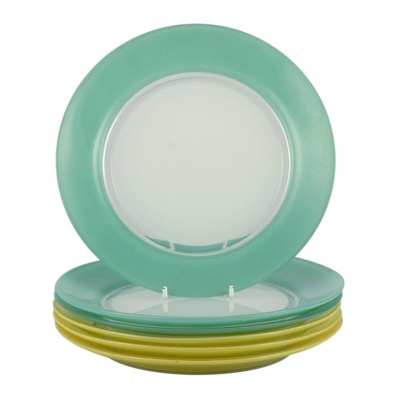 Duralex, France. Set of six art glass plates in yellow, green and white glass.
