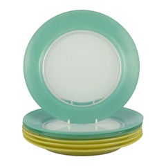 Duralex, France. Set of six art glass plates in yellow, green and white glass.