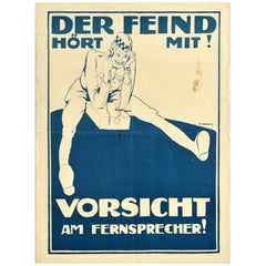 Original Antique War Propaganda Poster Enemy Listening Careful Telephone WWI
