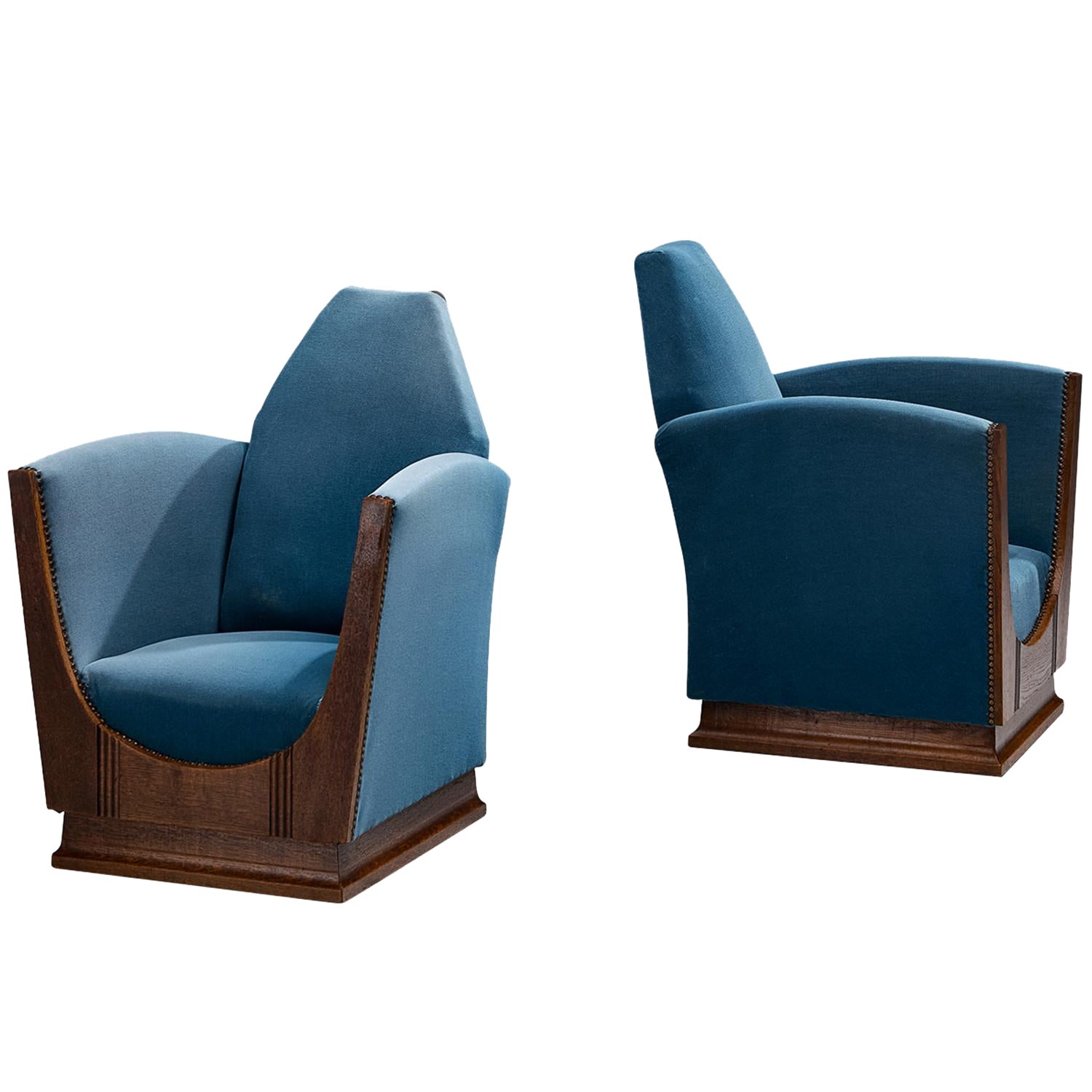 French Pair of Art Deco Lounge Chairs in Blue Velvet and Oak